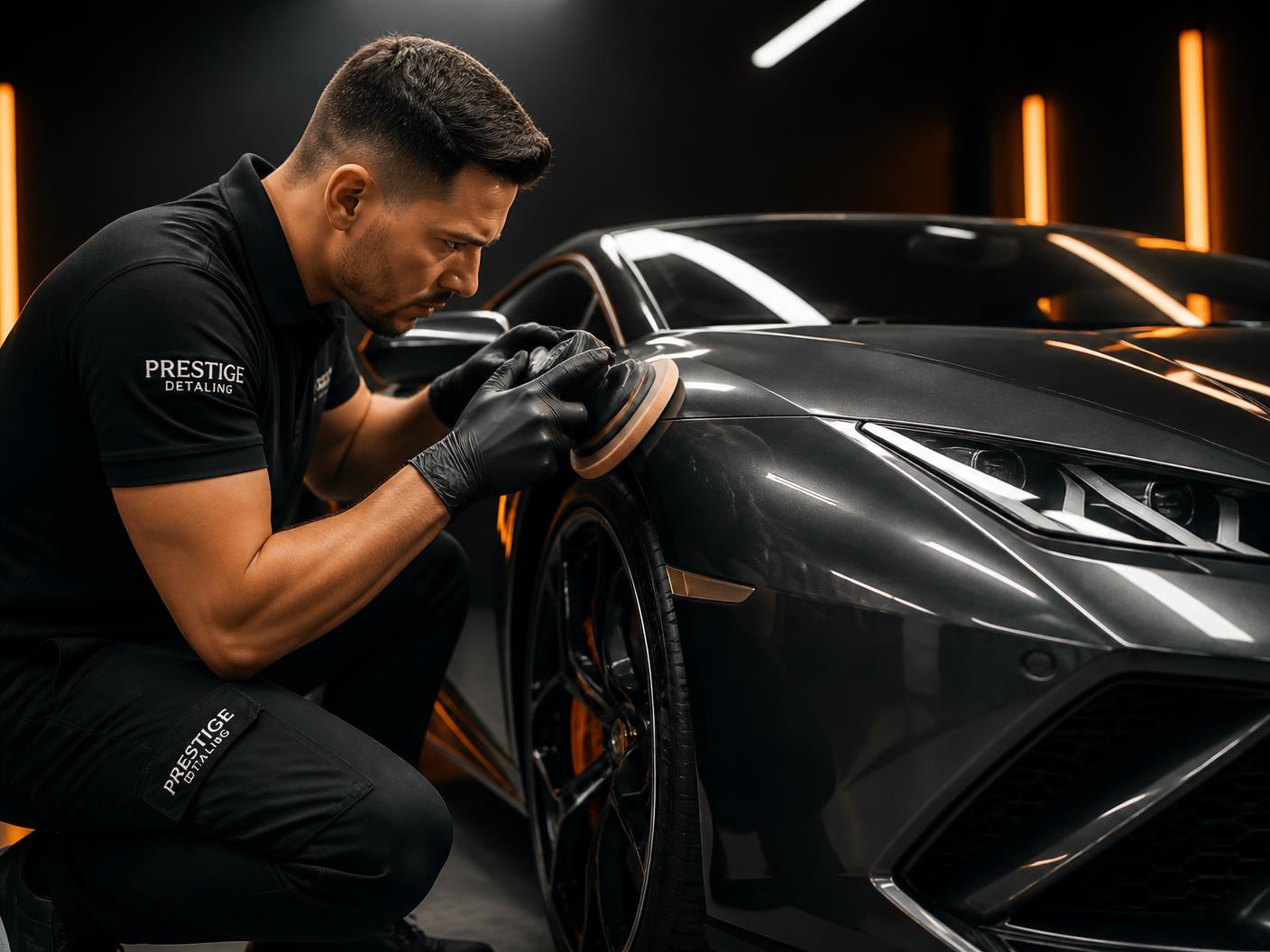 Apex detailing technician machine polishing a luxury sports car in Denver
